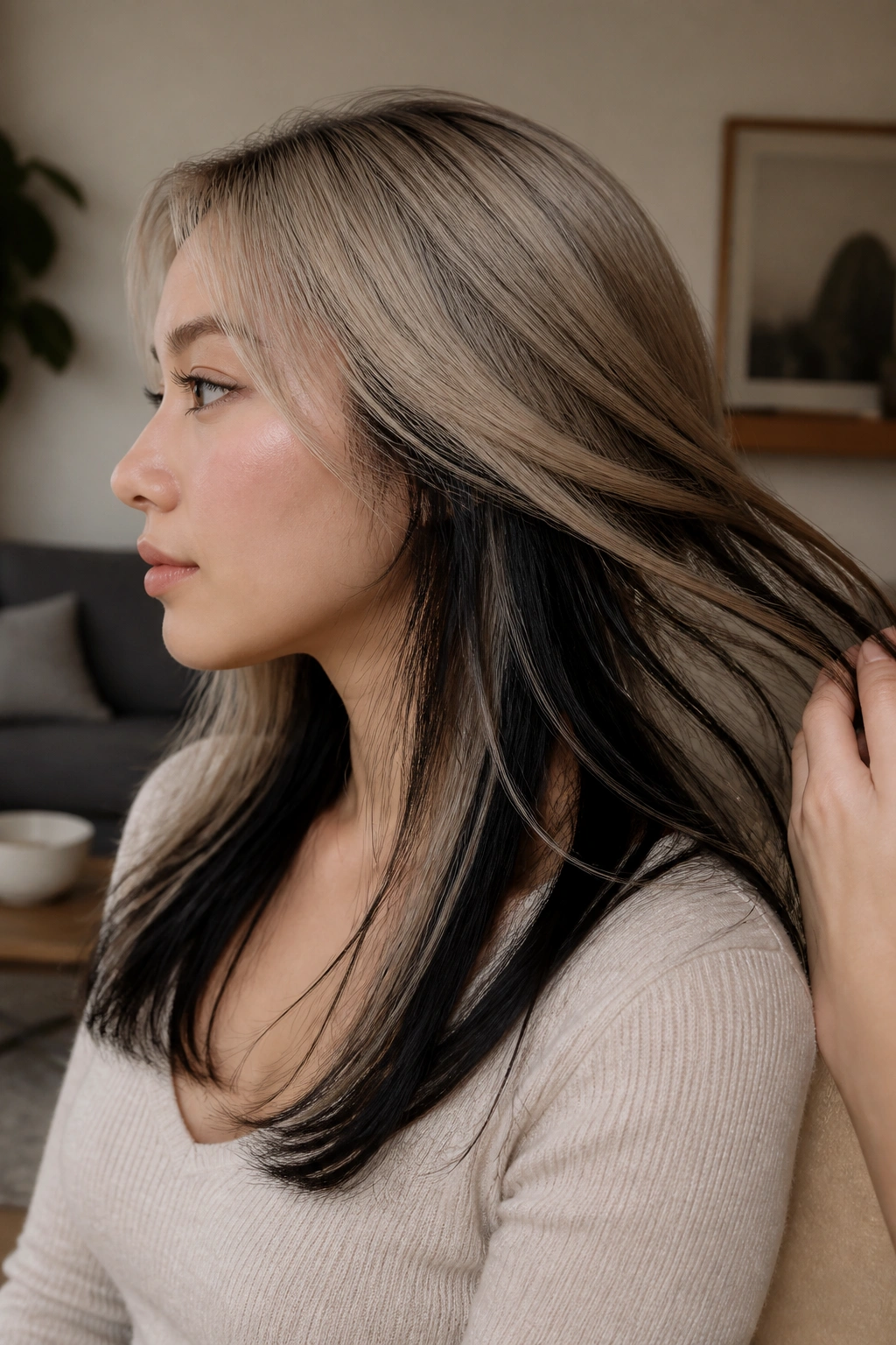 Side profile of a real person showing underlayer black highlights that move with head movement