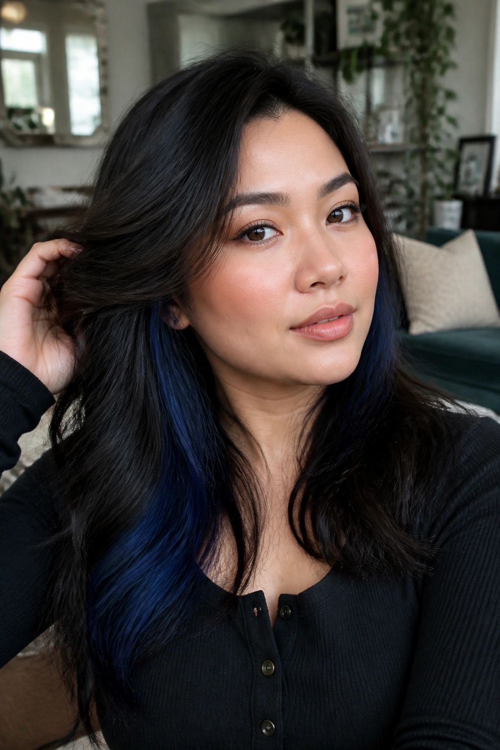 Close-up of hair with hidden underlayer blue-black highlights under crown