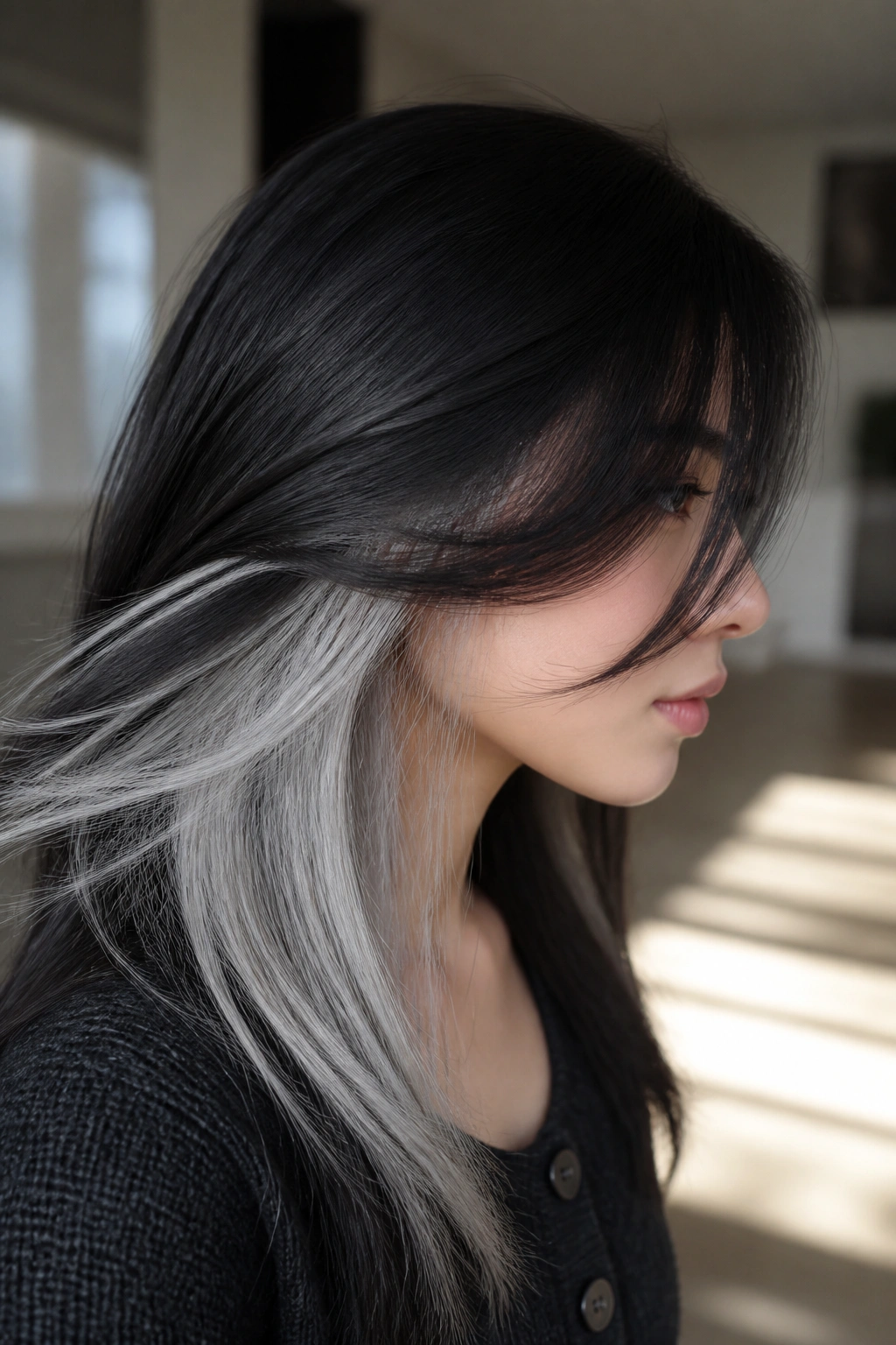 Side-profile of real person showing silver underlayer peeking through dark hair
