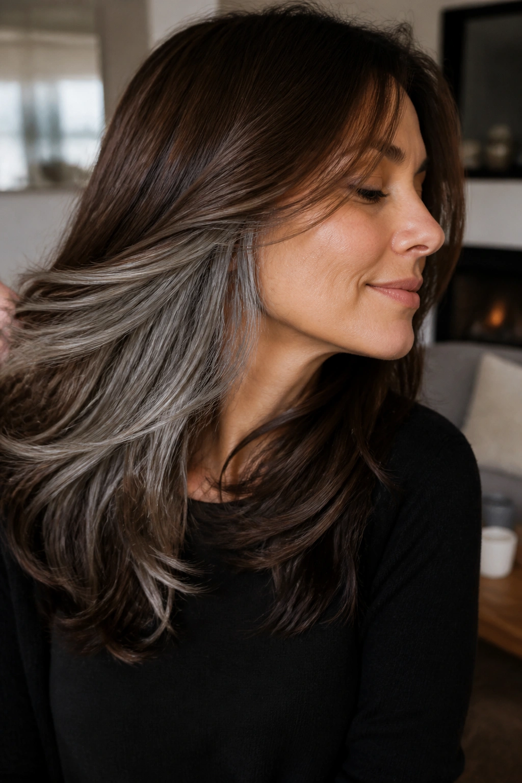 Real woman showing subtle silver underlayer visible with movement.
