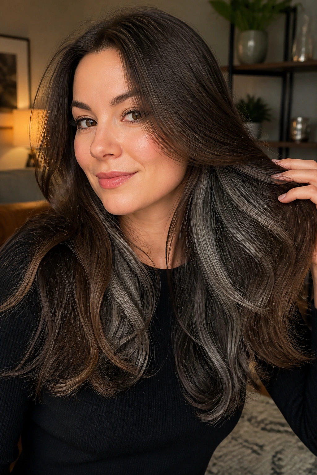 Thick brown hair with smoky underlayers visible at mid-lengths