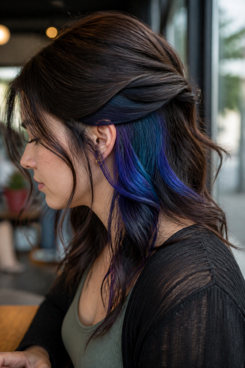 Portrait of a real woman showing hidden peacock underlayers beneath brunette hair