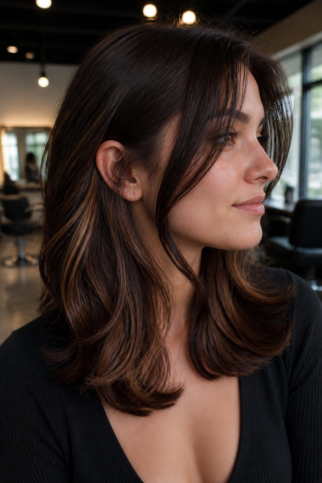 Close-up of a real woman showing chestnut underlights peeking from beneath the top layer