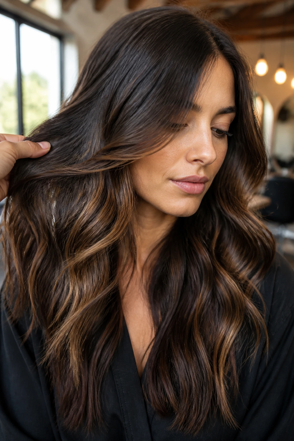Close-up of brunette hair with lighter pieces peeking through underlayers