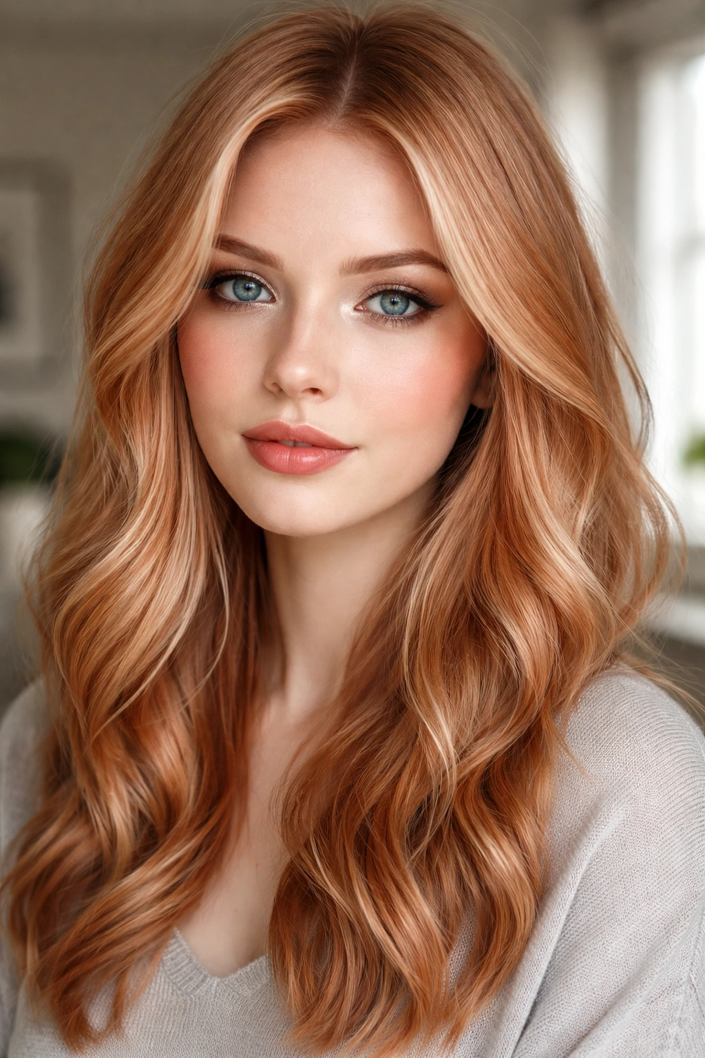Close-up of a person with cool-toned red-blonde hair in a neutral home setting