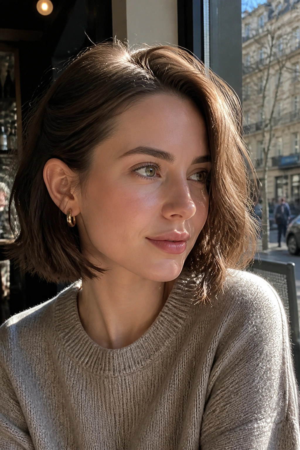 Close-up portrait of a real woman with tucked-behind-ear undone bob in a cafe setting