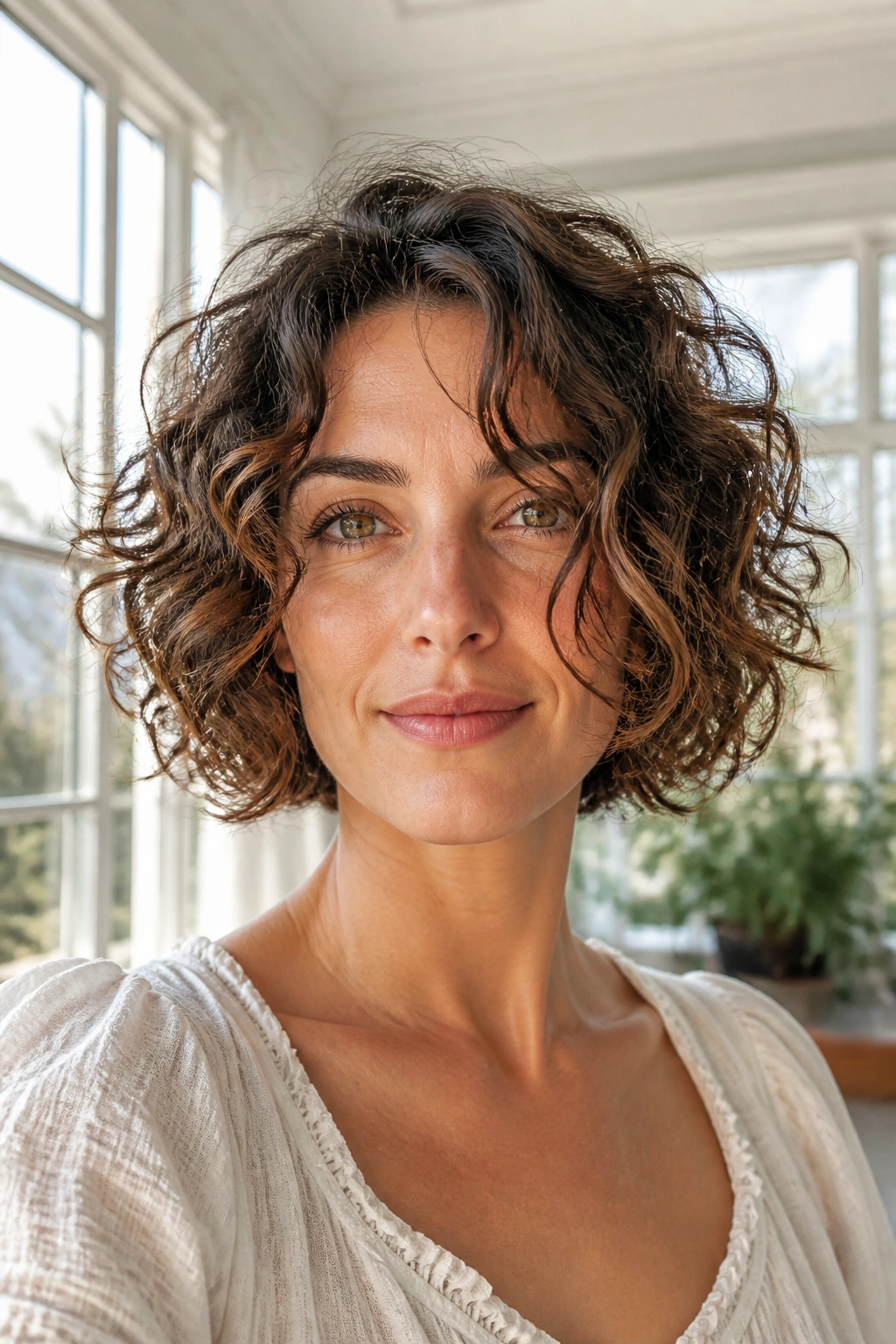 Close-up of a real woman with an undone curly bob and defined curl clumps