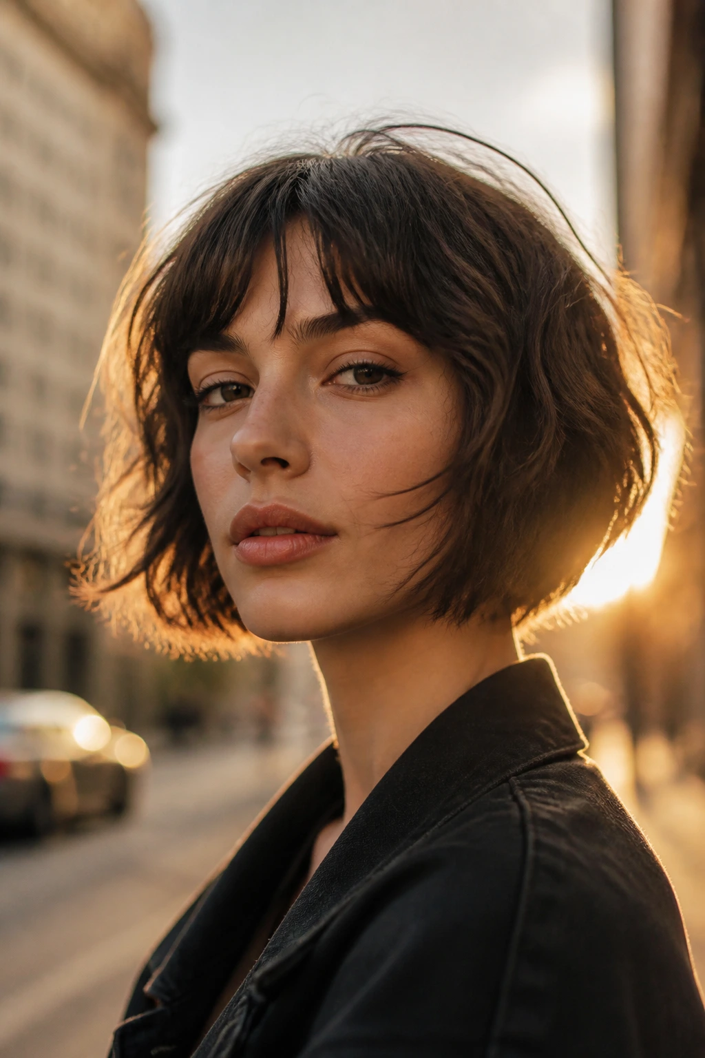 Woman with undone pageboy hairstyle on a sunlit street