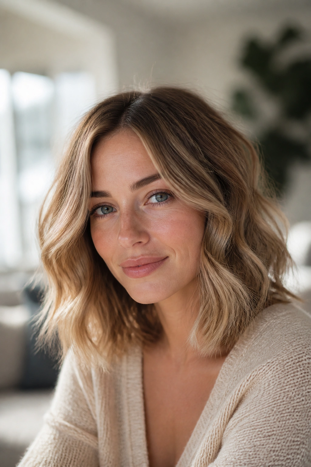 Close-up of a real woman with dark blonde undone waves in natural light