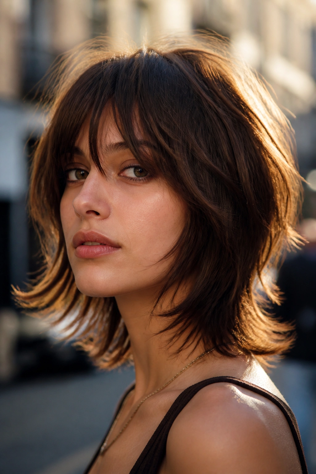 Close-up of a real woman with uneven jawline shag and staggered layers in warm daylight