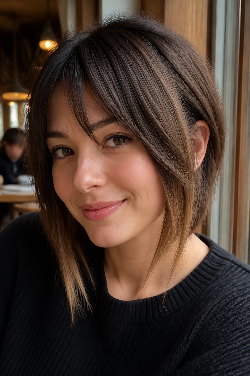 Real woman with uneven-length face-framing bangs by a cafe window
