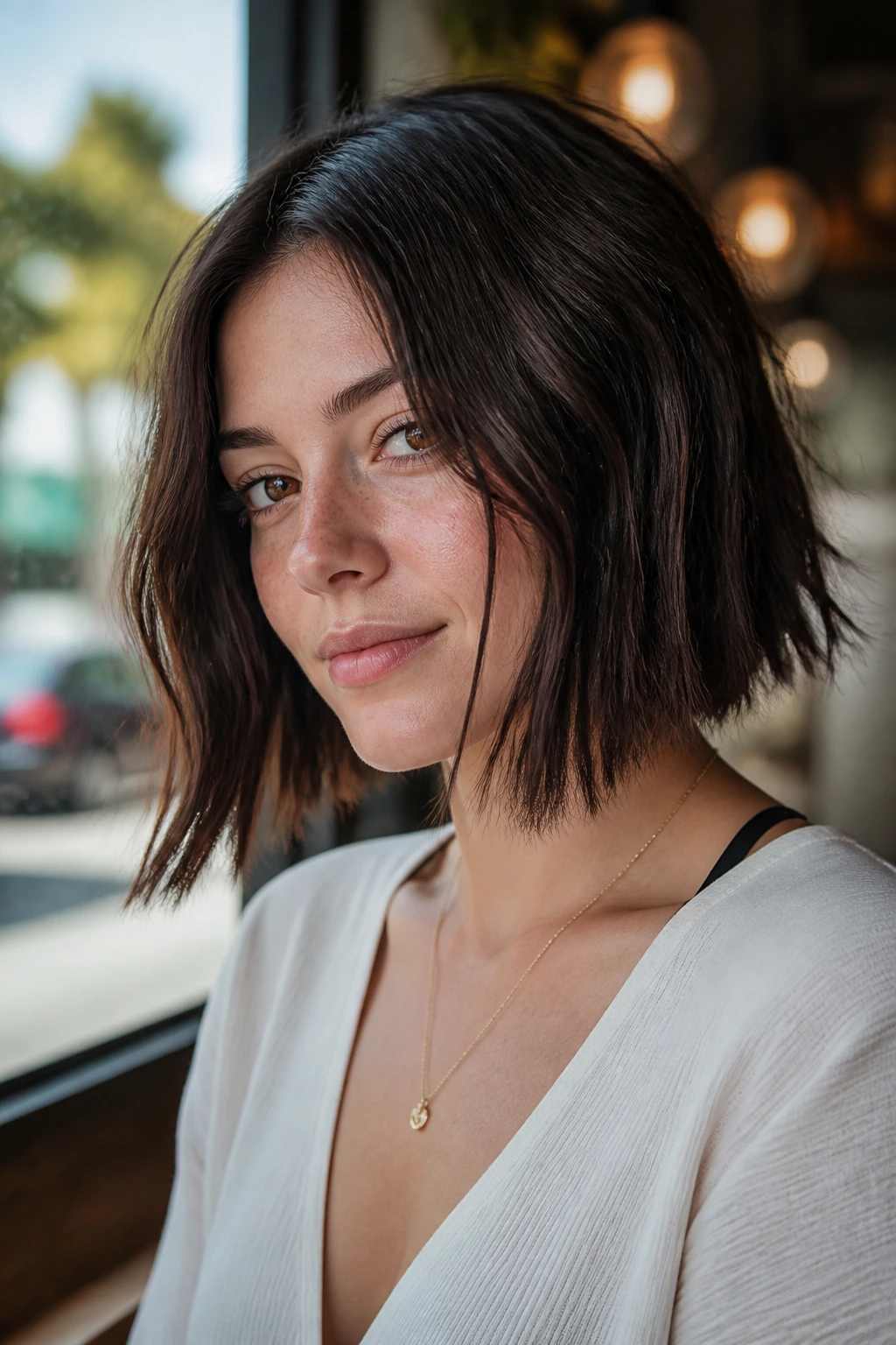 Close-up portrait of a real woman with an uneven lob and chunky ends.