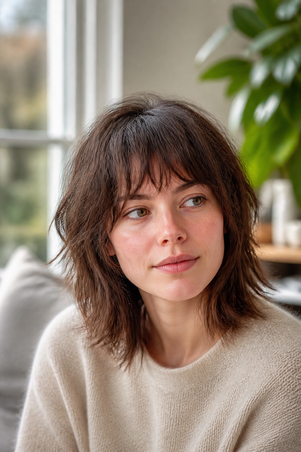 Close-up portrait of a real woman with uneven shag bangs and airy ends