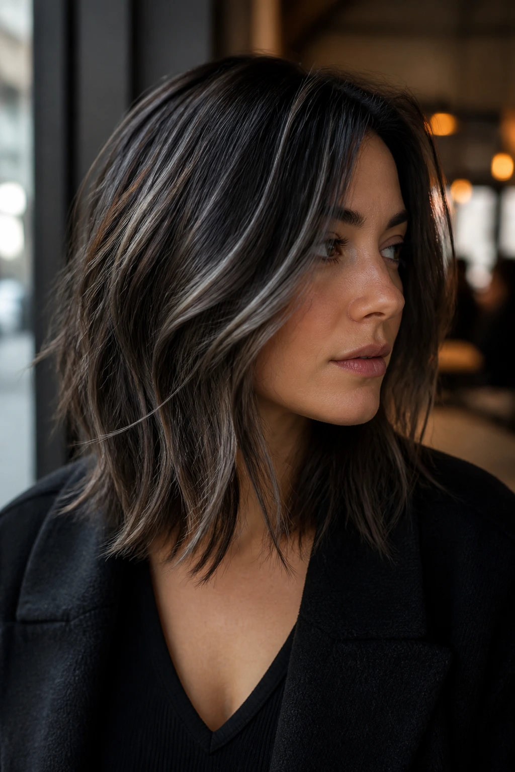 Close-up of a woman with dark brown hair and smoky grey streaks in a matte finish