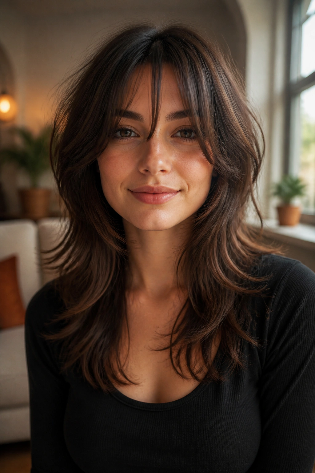 Close-up of a woman with a U-Shaped Perimeter Shag showing longer center back and softer front in a warm living room