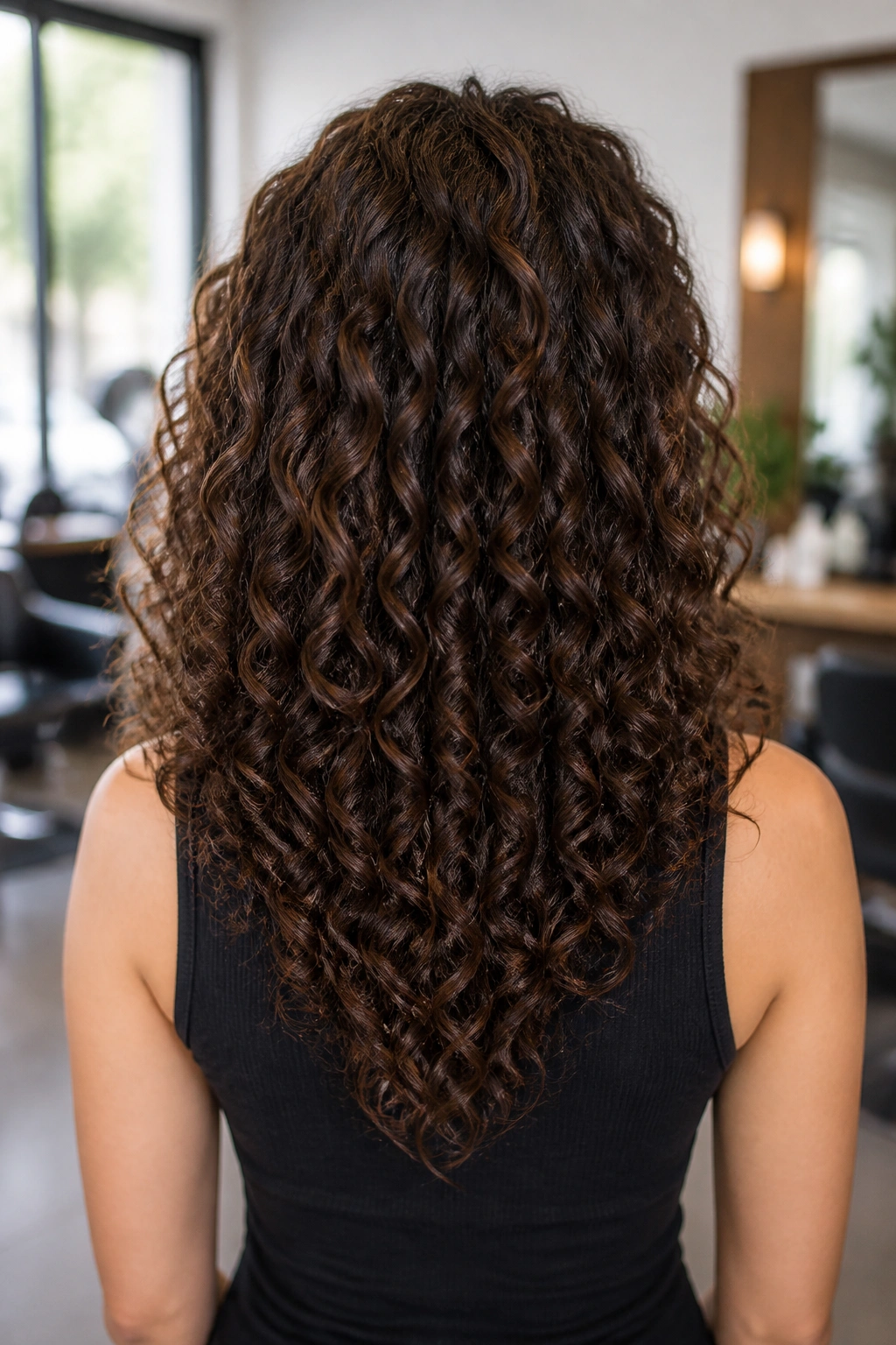 Back view of medium-length curls showing a V-cut