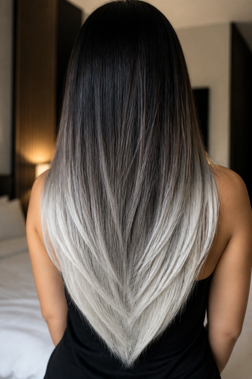 Back view of real person showing V-cut with airbrushed silver ends