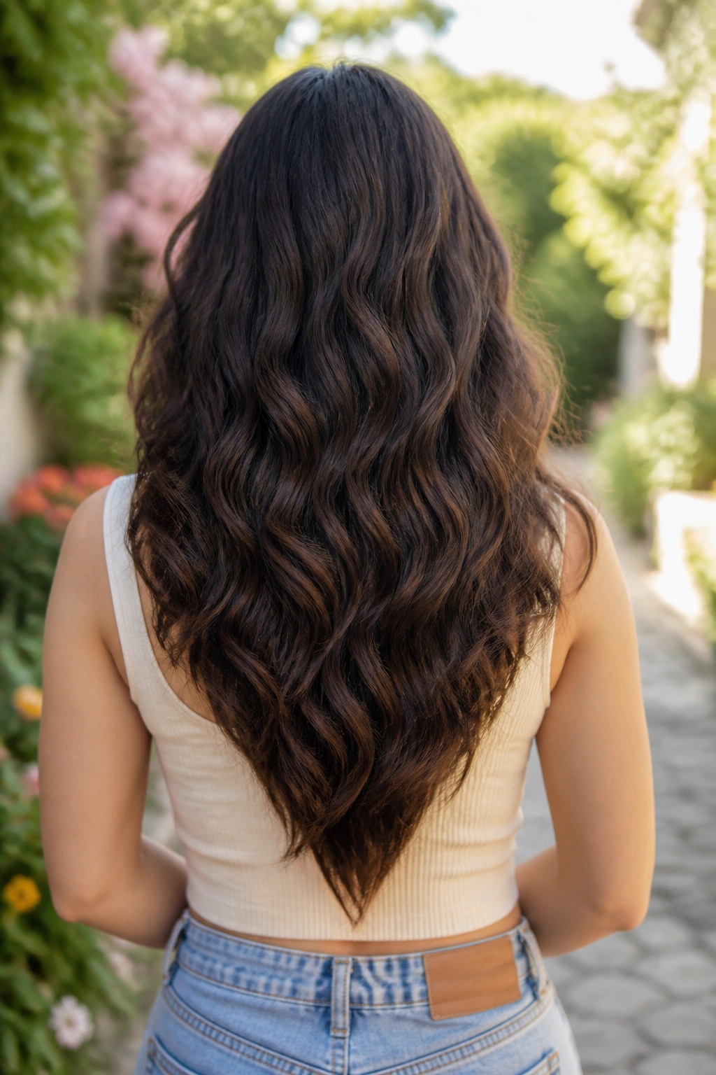 Back view of a real woman with a V-cut on thick wavy hair