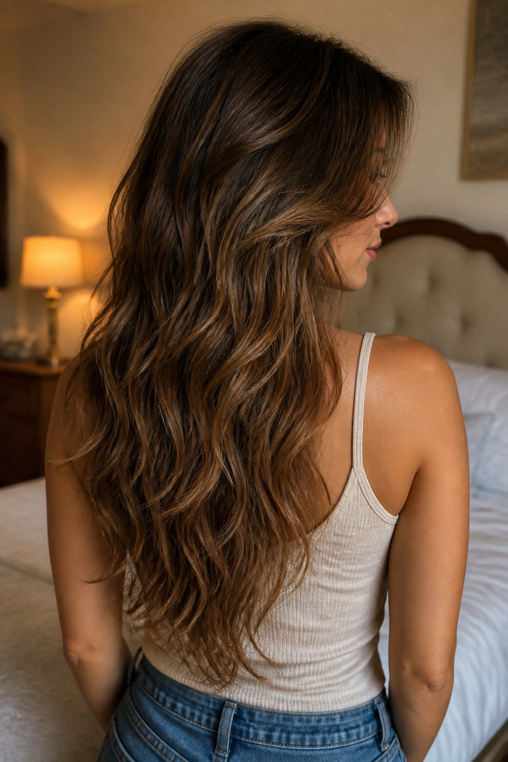 Back view of a real woman displaying V-cut layers at the back.