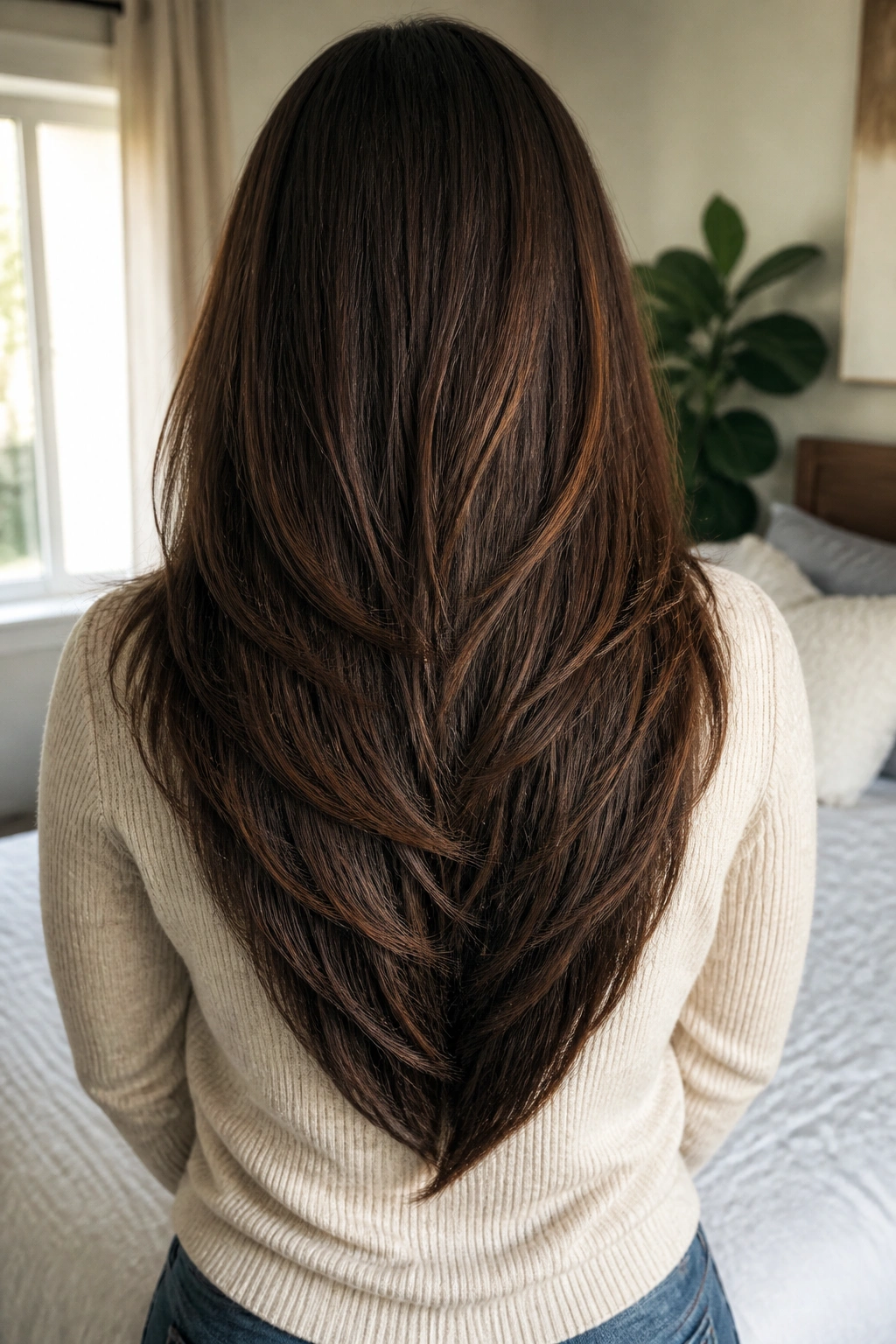 Back view of a real woman with V-cut layered hair tapering at the nape