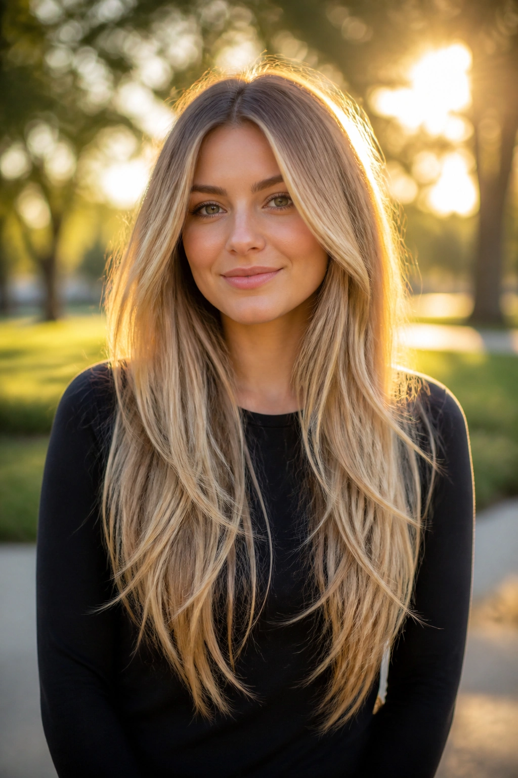 Portrait of a real woman with subtle V-cut layers in warm balayage