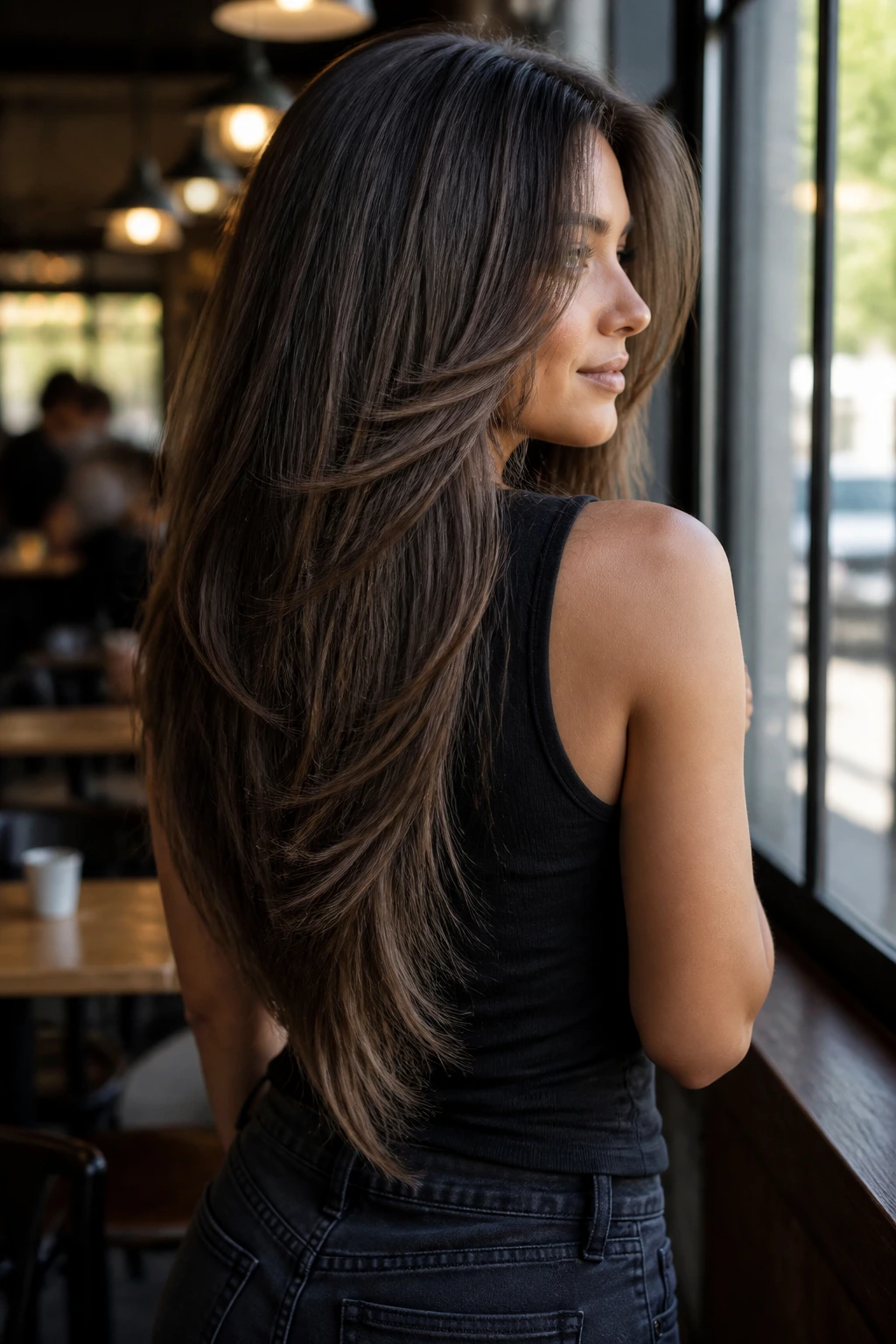 Portrait of a real woman with long V-cut layers and ash brown balayage framing the face