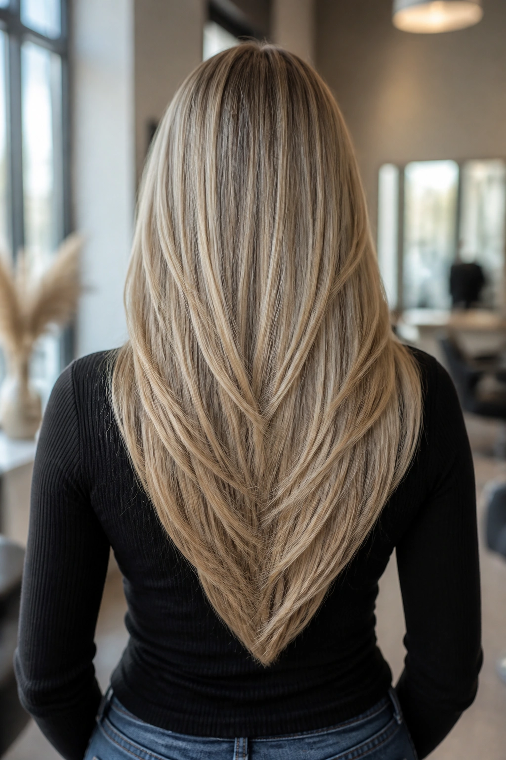 Close-up of a real woman with long blonde V-cut layered hair, showing the back point and movement