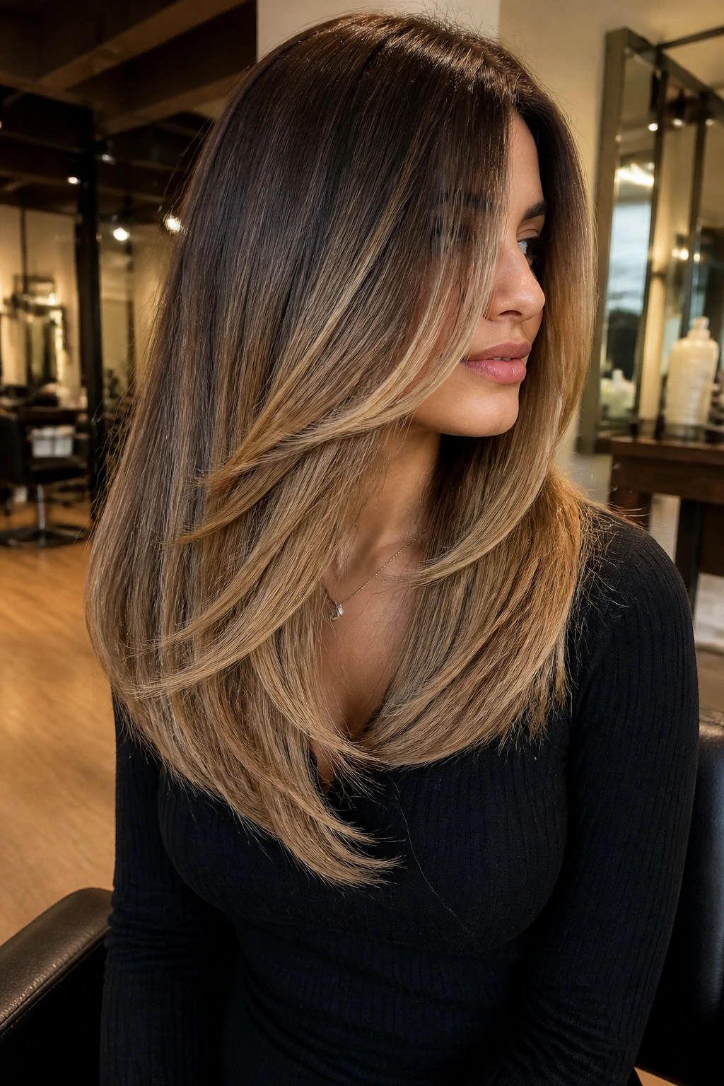 Three-quarter profile of hair with V-cut layers and sweeping blonde placement