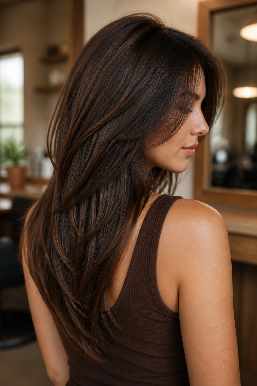 Close-up portrait of a brunette with V-cut layered hair.