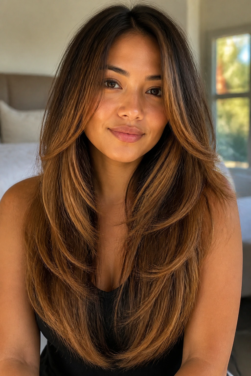 Close-up of a real woman with long V-cut layered hair and toasted caramel edge