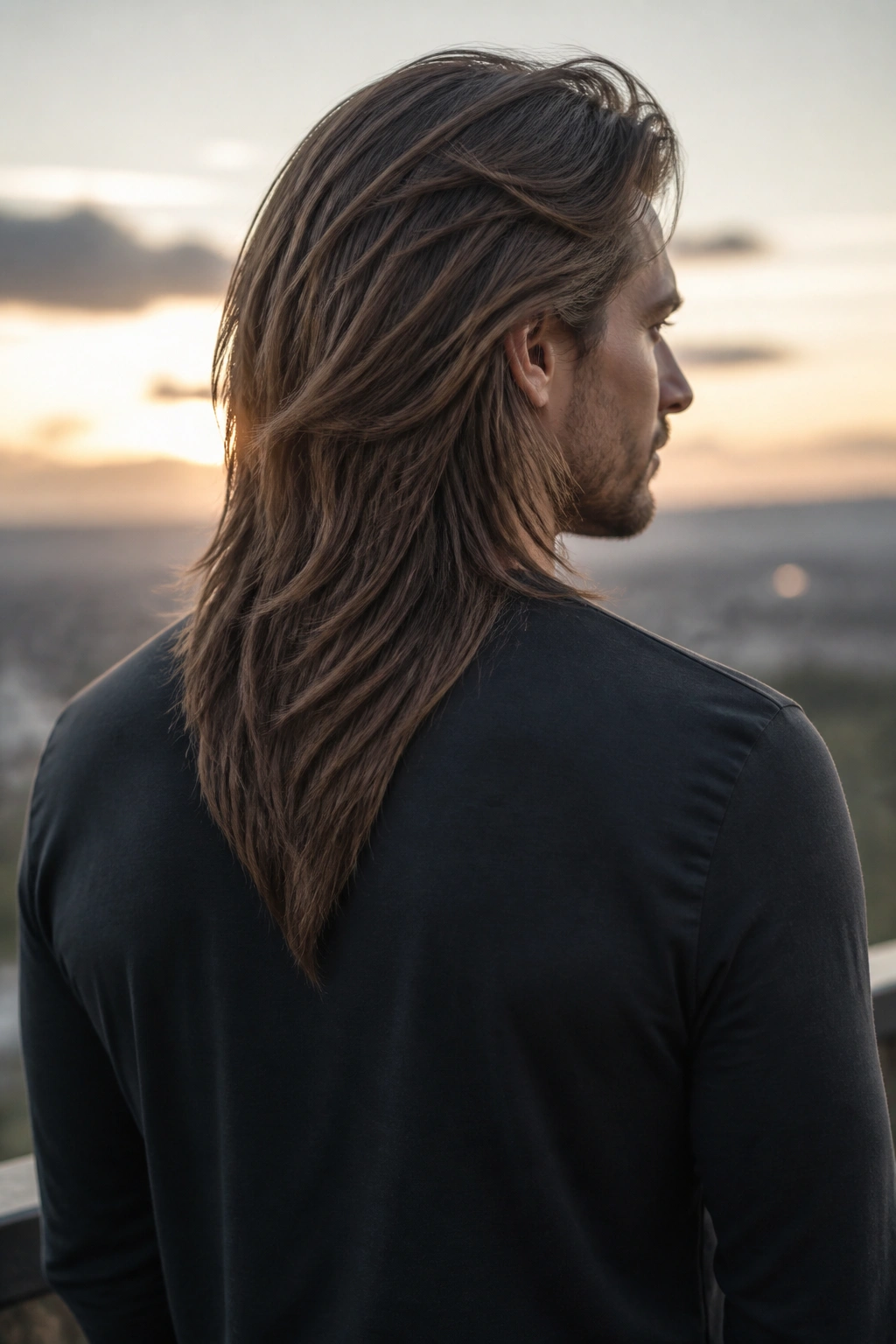 Three-quarter rear portrait showing V-cut layers at the back of long hair