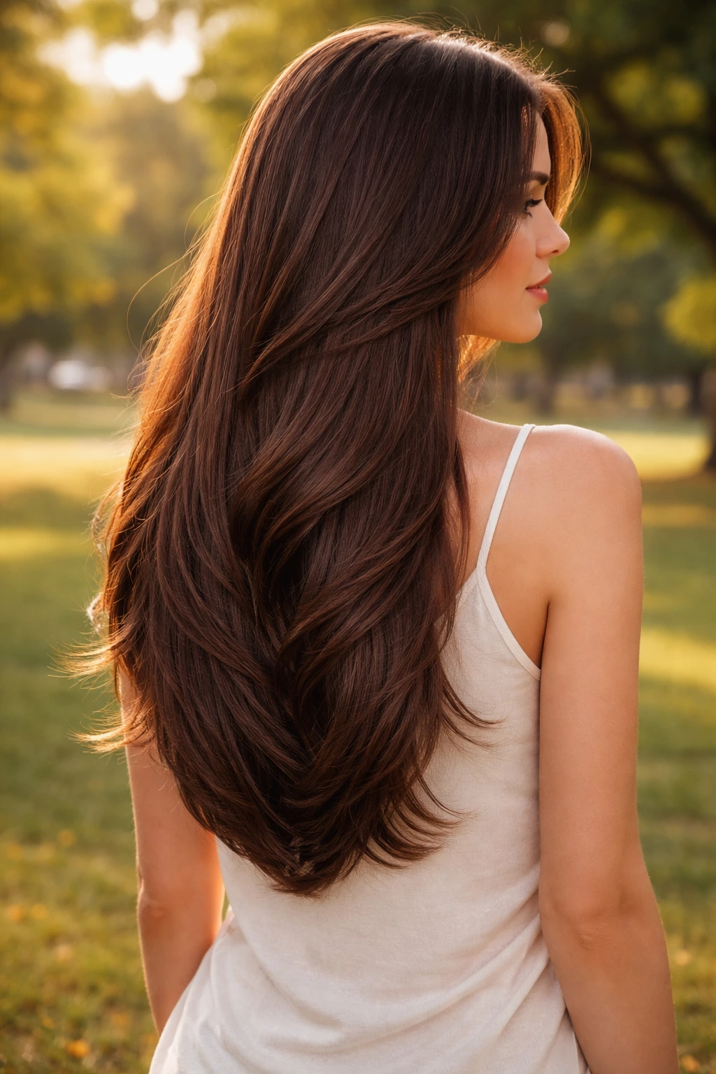 Portrait of a real woman with long V-cut layered hair