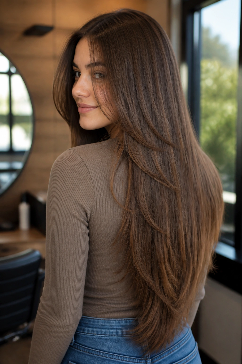 Close-up portrait of a real woman with V-cut layers in long brown hair