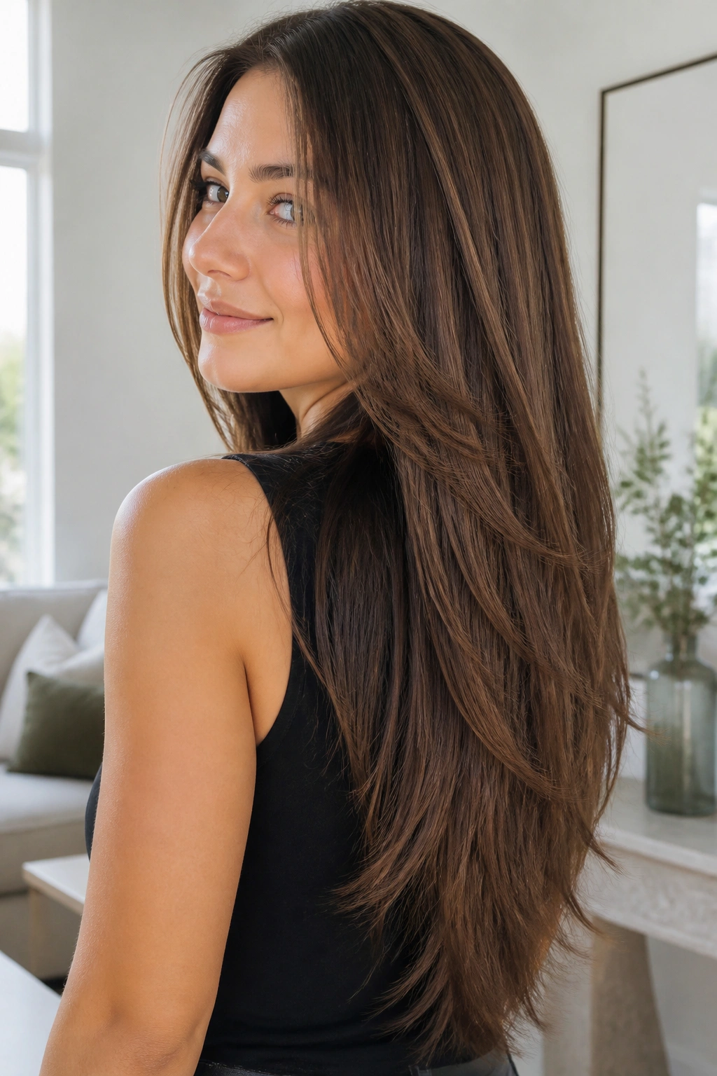 Real woman with V-cut layered hairstyle and long ends.