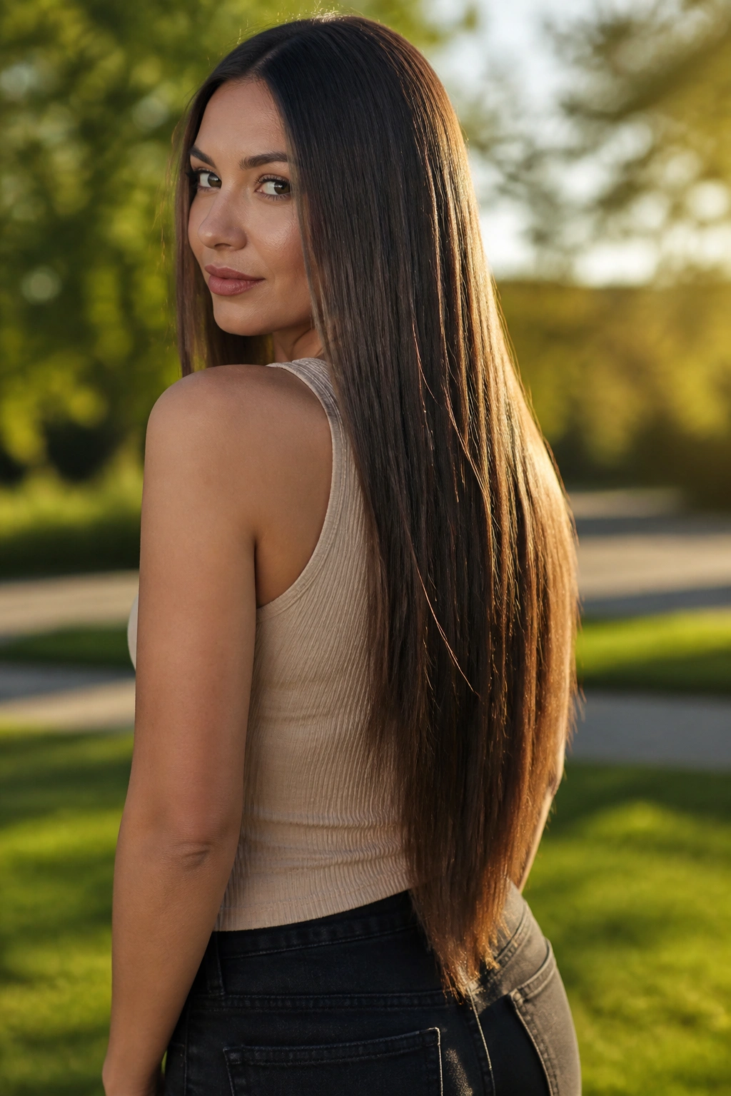 Close-up of real woman with long V-cut layers in hair