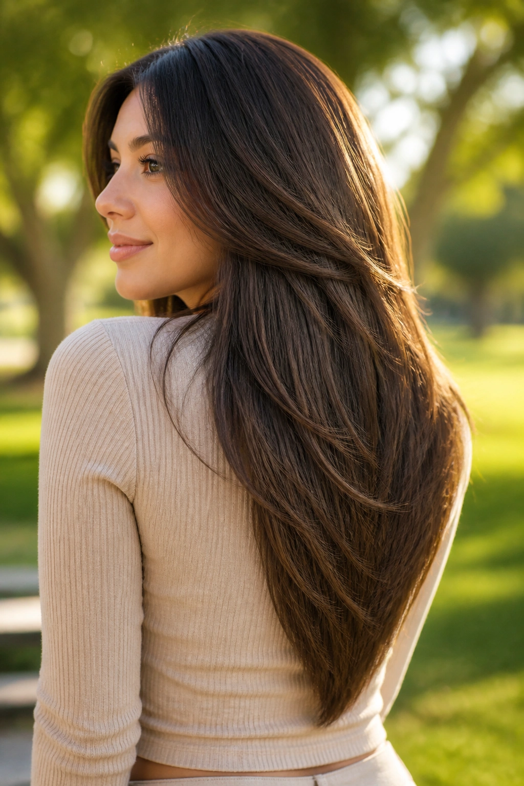 Close-up portrait of a real woman with V-cut layered hair outdoors