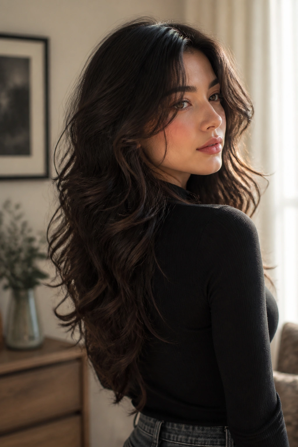 Portrait of a real woman with V-cut layered long hair and loose curls.