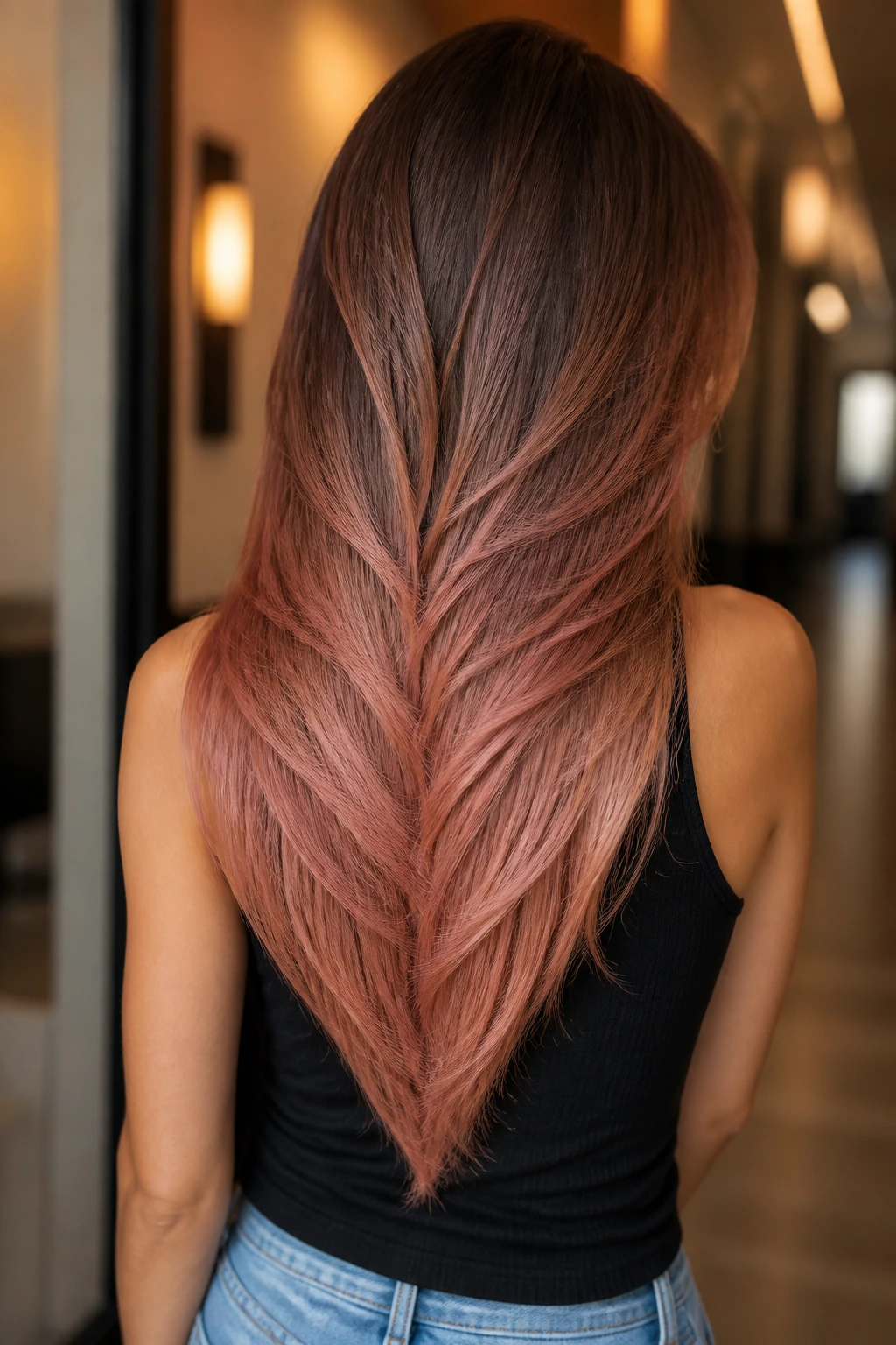 Back-of-head view showing V-cut layers and pink-copper melt on long hair