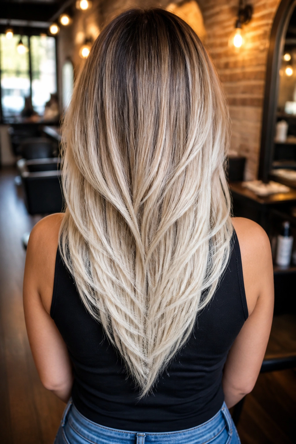 Back-of-head view of a real woman with V-cut layered platinum blonde ombre showing a V at the nape