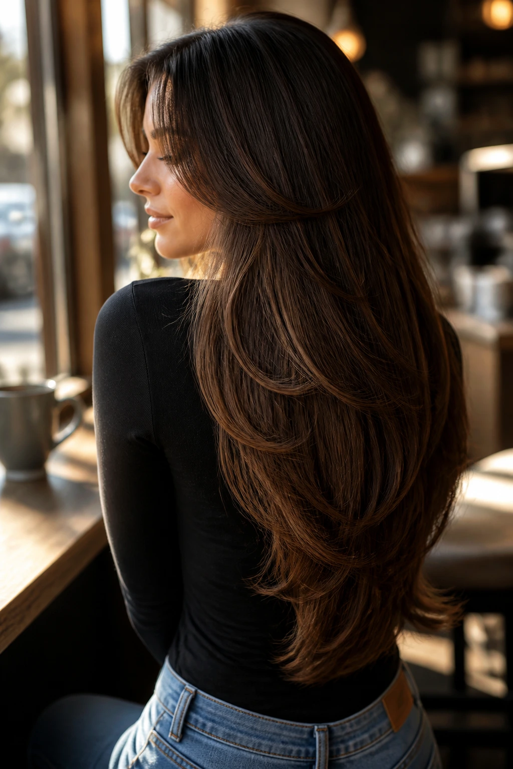 Three-quarter back view of a real woman with a V-cut at the back of her long hair