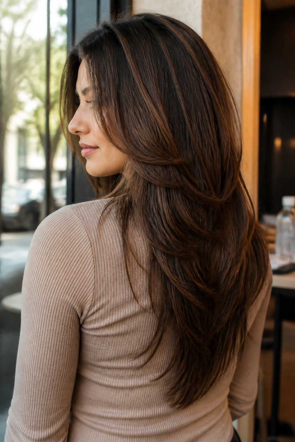 Medium close-up of a real person with long front layers and tapered back forming a V-cut