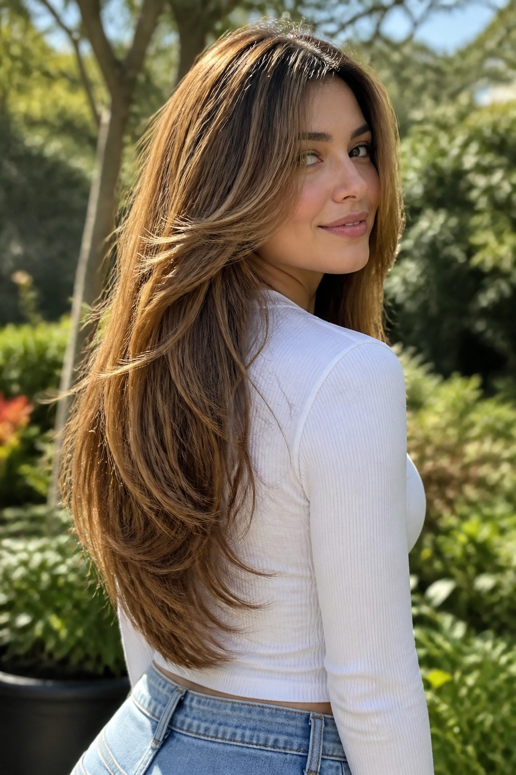 Three-quarter portrait of a real woman with long hair showing V-cut length and front framing