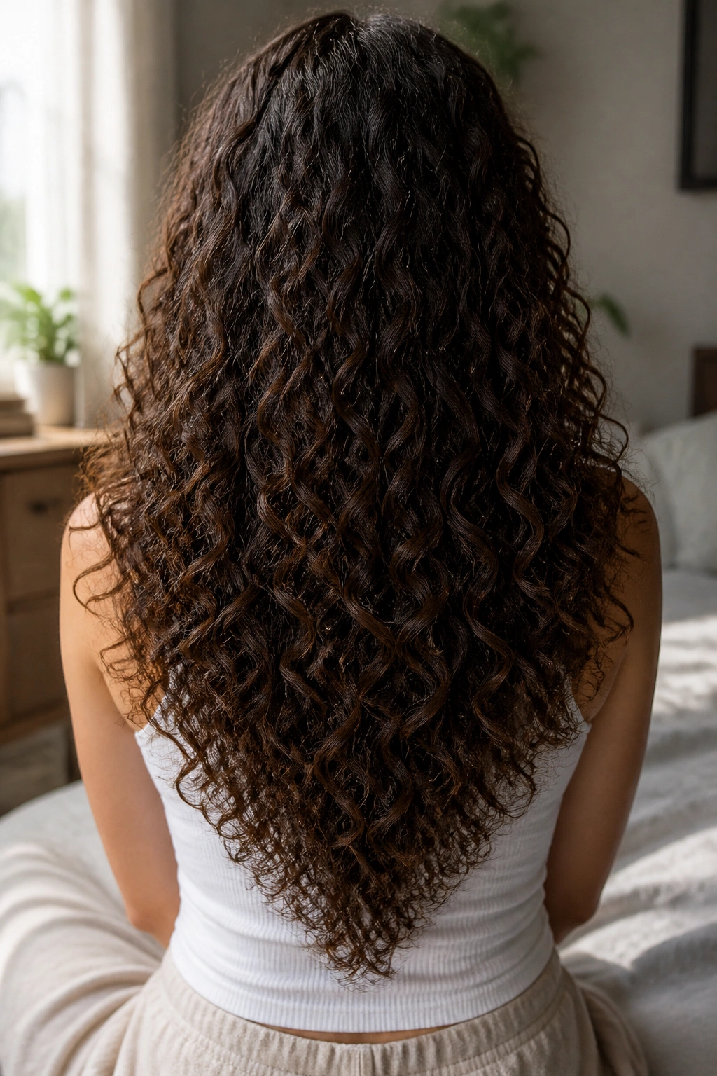 Back view of a real woman's head with a soft V-cut in long curls