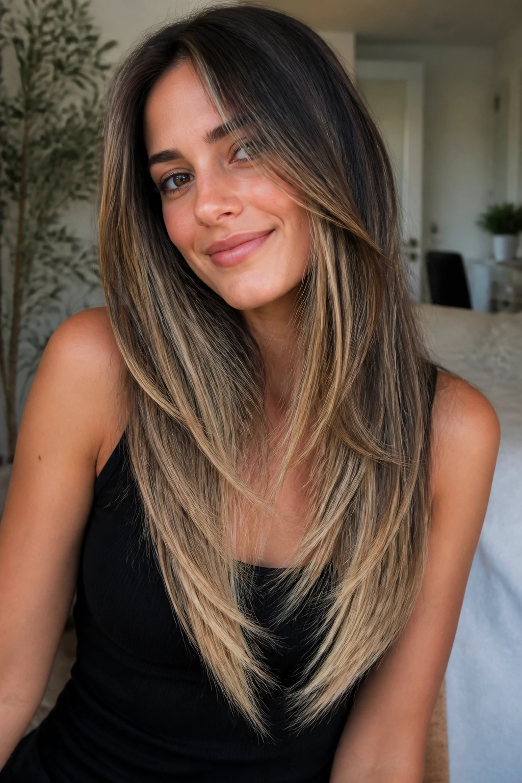 Portrait of a real woman showing a long V-cut hairstyle with blonde ends