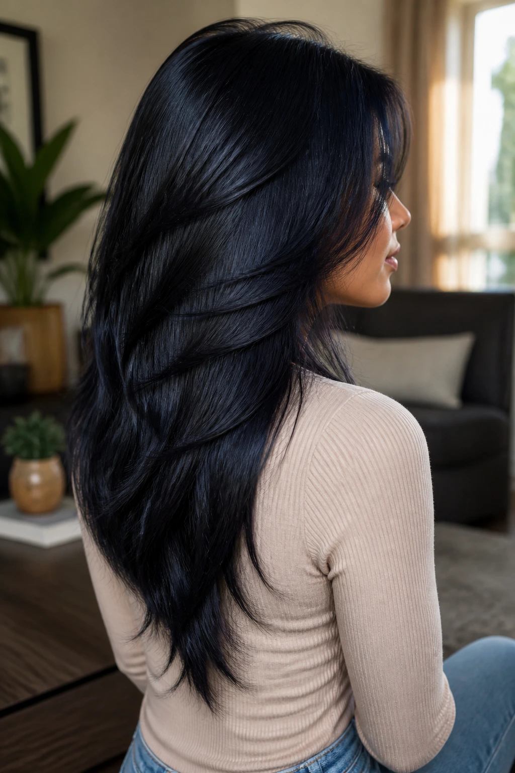 Back view of a person with long blue-black hair showing a subtle V-cut.