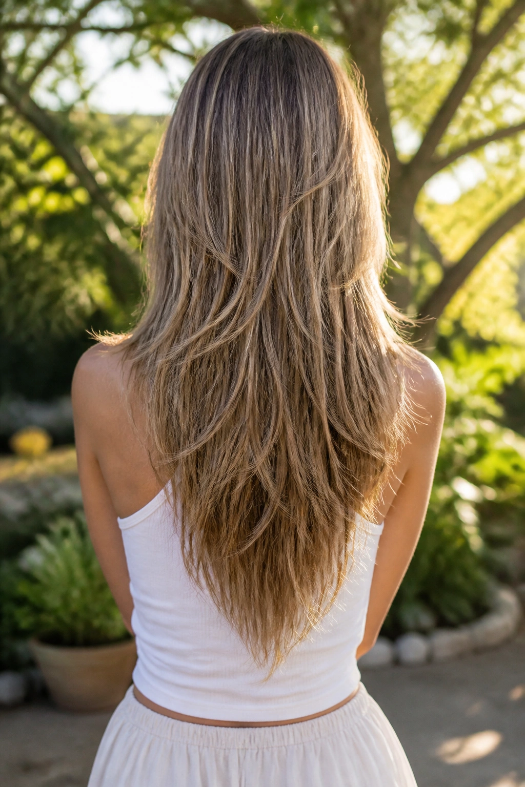 Back-view portrait showing V-cut long shag on fine hair