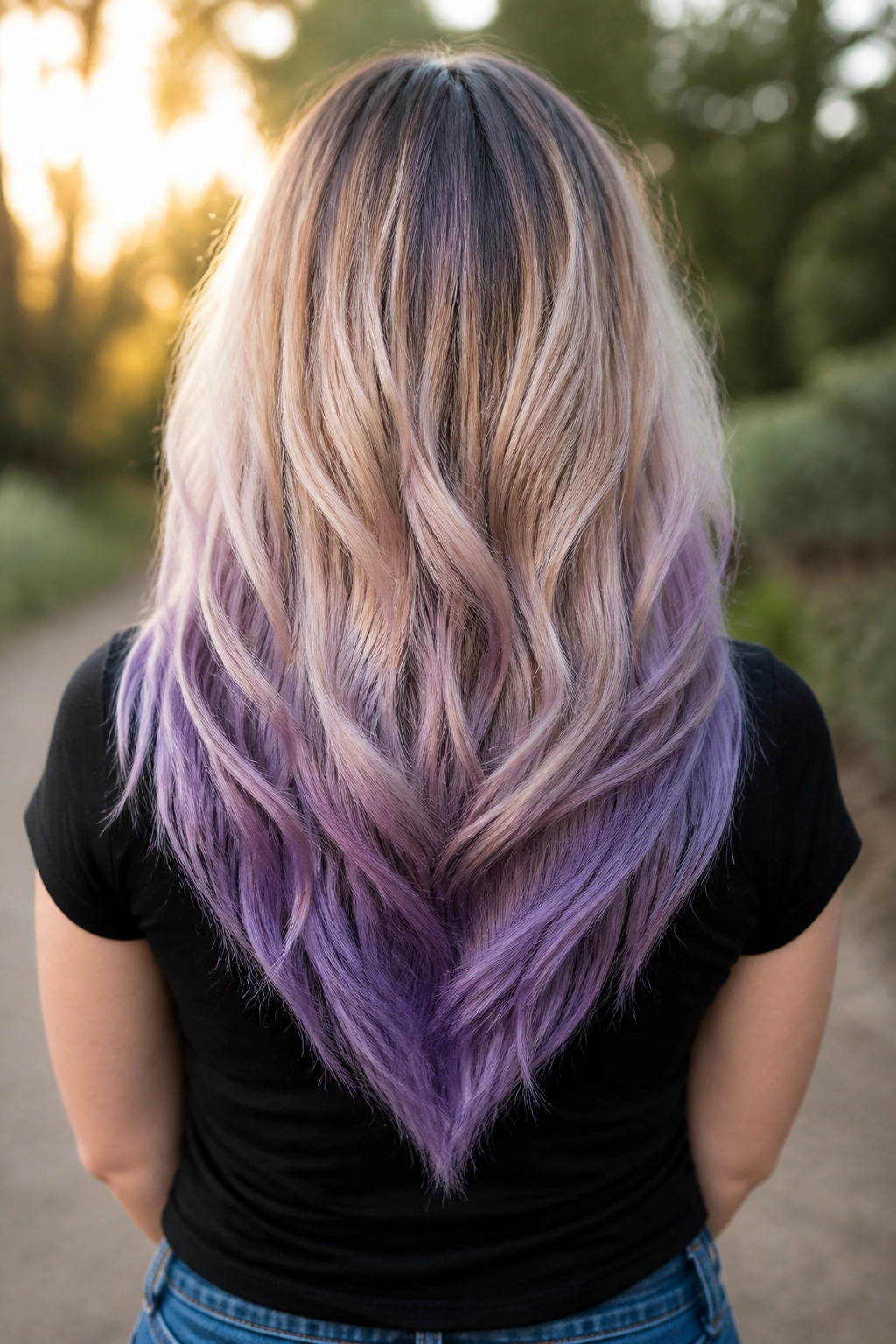 Back-of-head view showing V-cut lengths and shadowed lavender ends