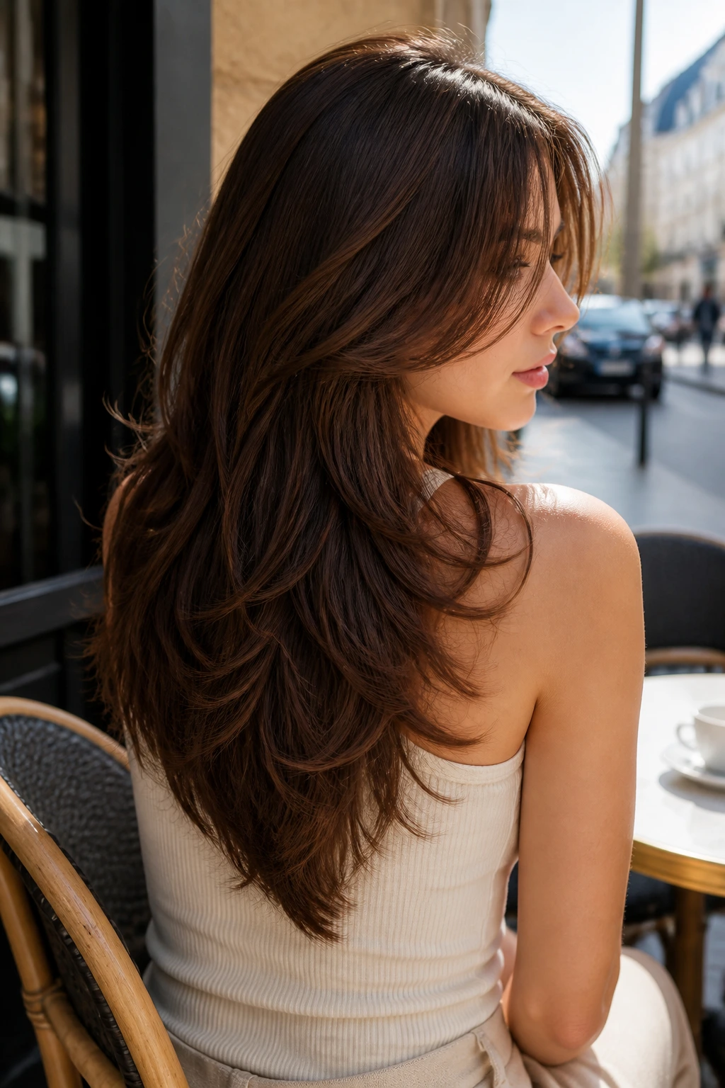 Portrait of a woman showing a soft V-cut and tapered ends in a sunlit cafe setting.