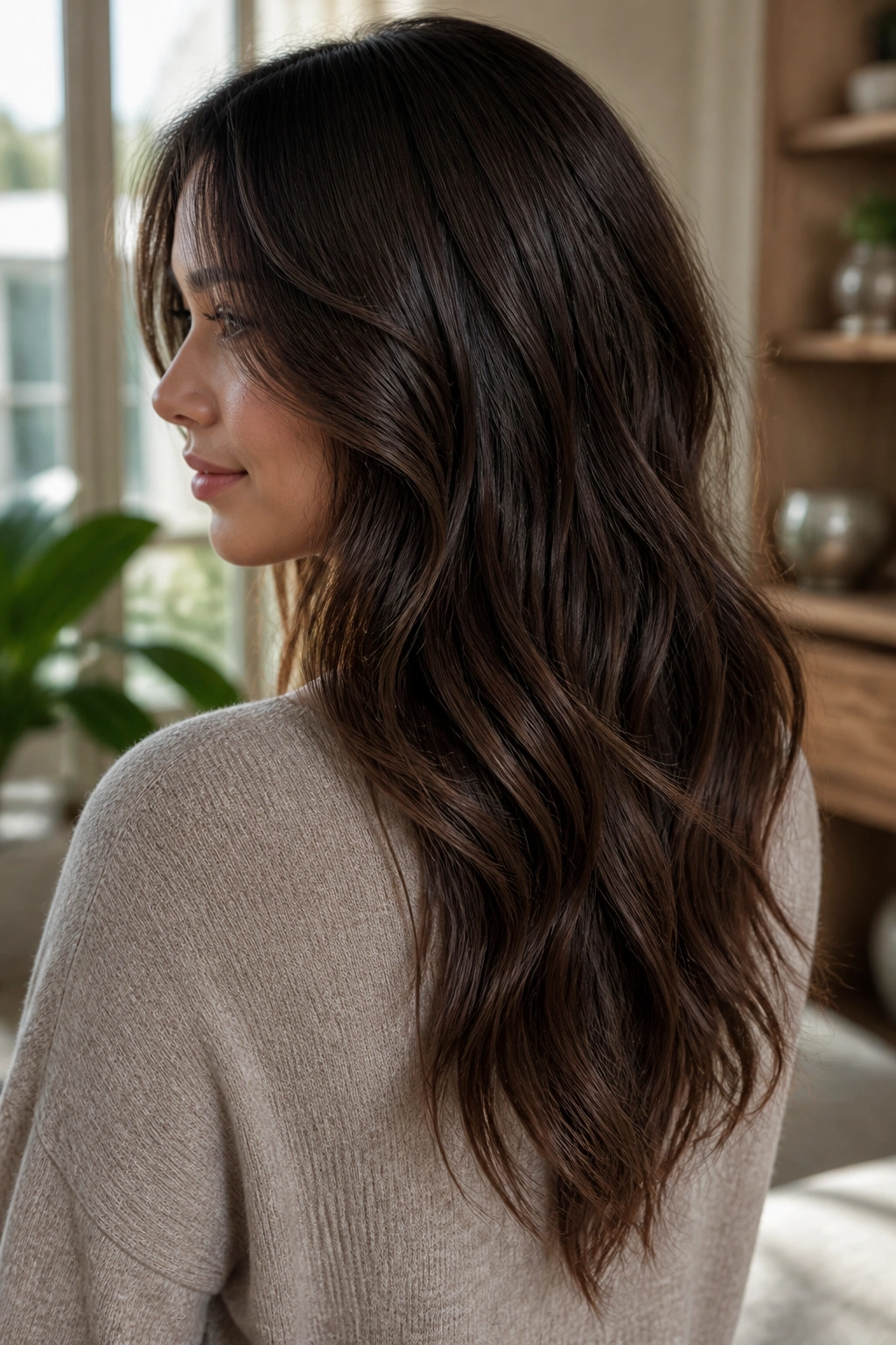 Close-up of a real woman's hair in a soft V-cut at the nape with long waves