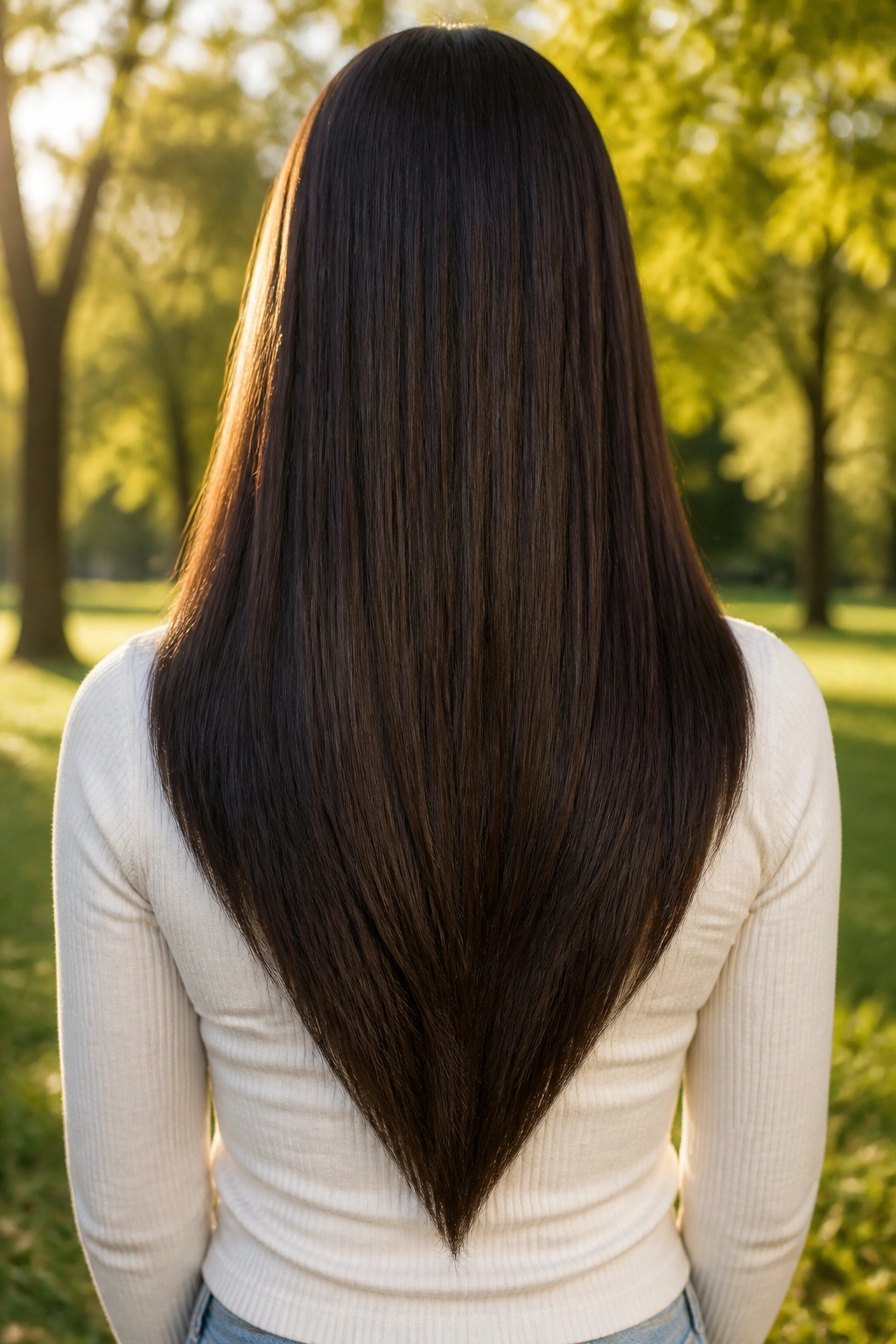 Back-of-head view of a real woman with a sharp V-shaped cut